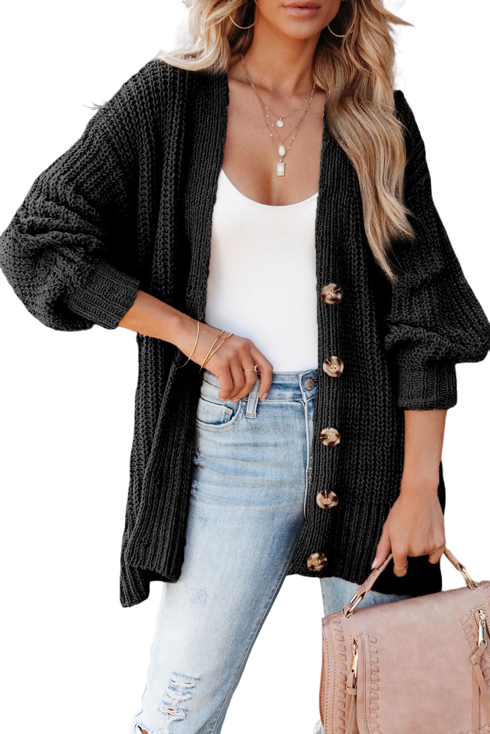 Khaki Buttoned Front Drop Shoulder Knitted Cardigan