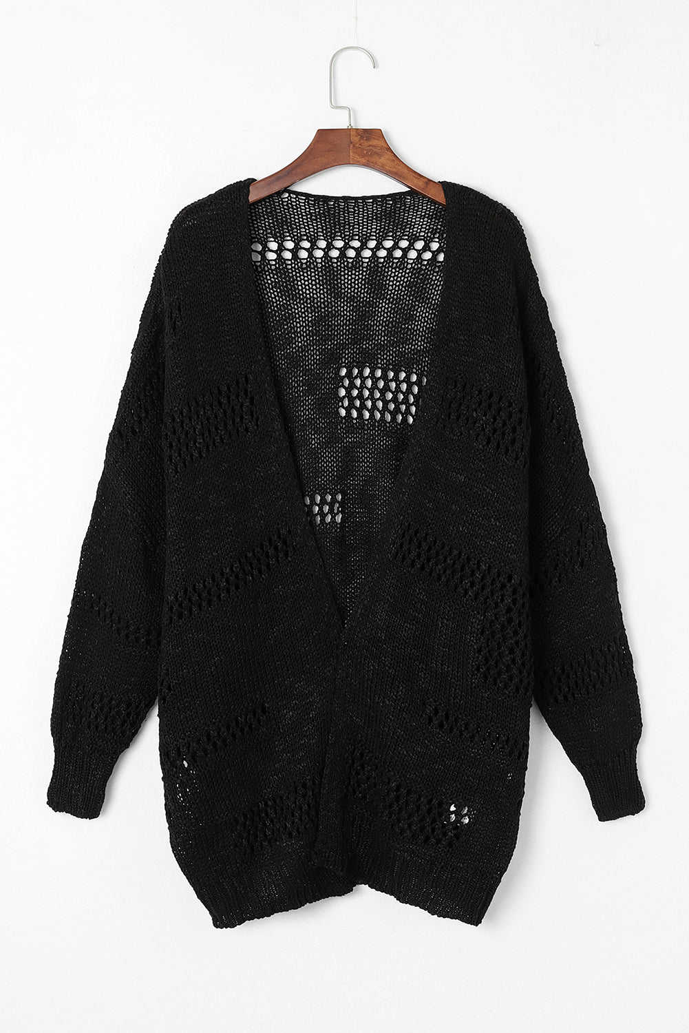 Black Casual Hollowed Knit Dolman Sleeve Cardigan