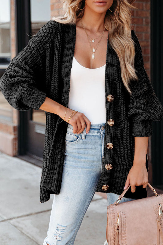 Khaki Buttoned Front Drop Shoulder Knitted Cardigan