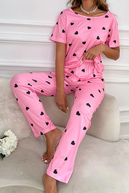 Pink Valentines Heart Print Tee and Pants Lounge Set